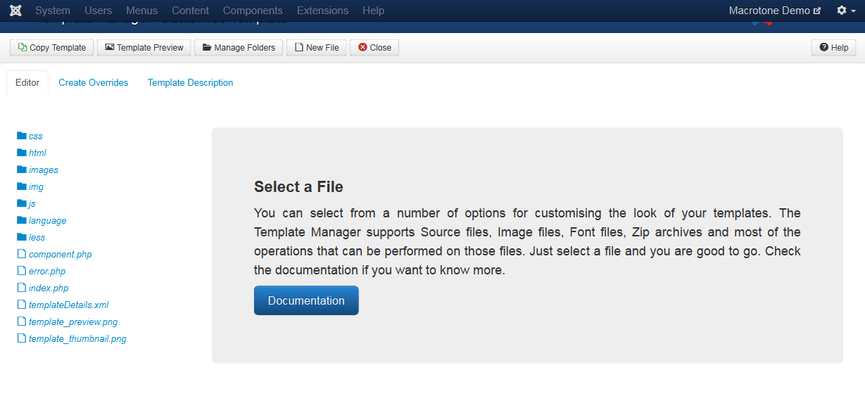 Template Manager Overrides: Customise Template screen.