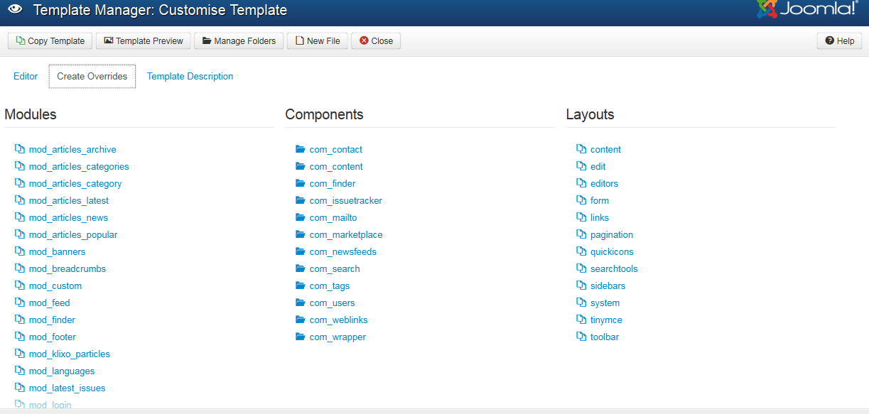 Template Manager Overrides: Edit screen.