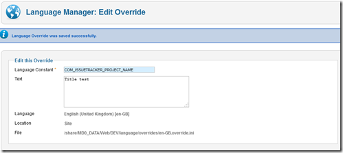 Language Manager Overrides: Edit screen.