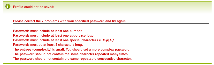 Password errors detected messages display.