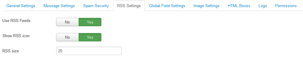 Component Settings - RSS Settings.