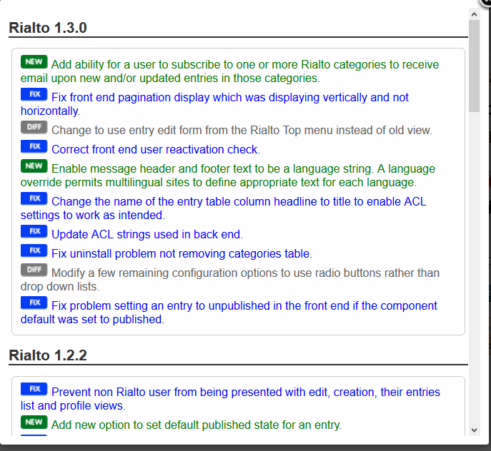 Rialto Dashboard. Changelog