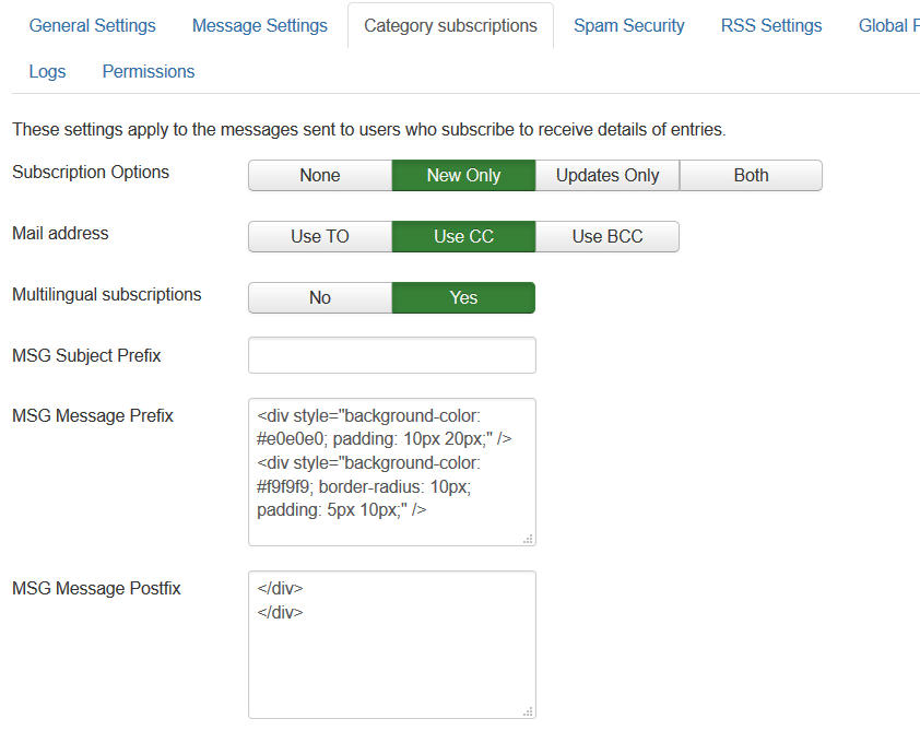 Component Settings - Category Subscriptions.