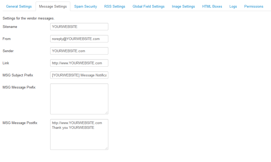 Component Settings - Message Settings.
